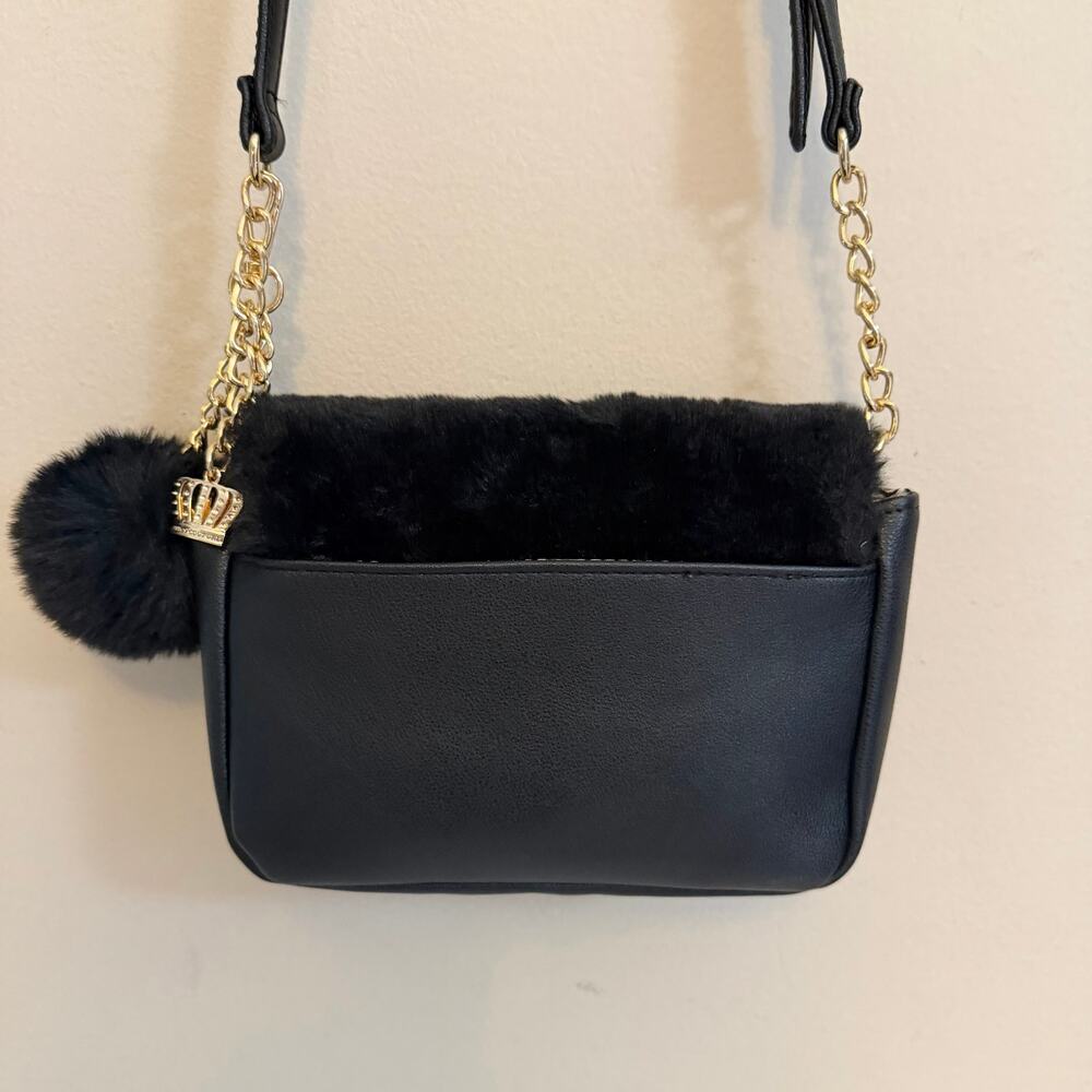 Juicy Couture Crossbody Bag Faux Fur Black Y2K Glam Aesthetic Pompom Chain Strap - Picture 5 of 11